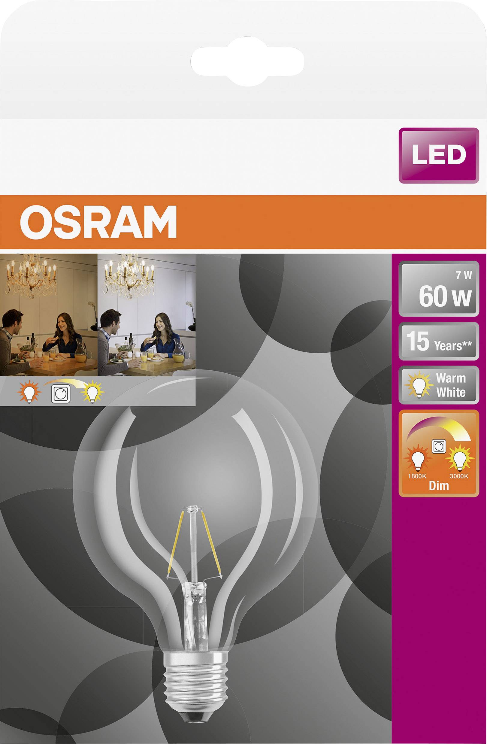 Osram HOMELIGHTING 4058075808942 LED EEK E (A - G) E27 Globeform 7W = 60W Warmweiß (Ø x L) 125mm x 173mm GLOWdim, dimmbar