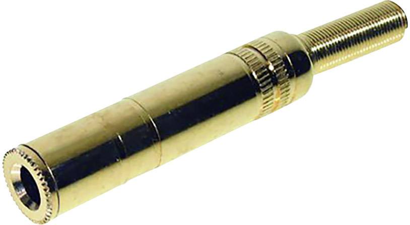 Ein länglicher, metallisch glänzender Messingstecker mit geriffeltem Rand, geeignet zum Verbinden und Fixieren in einer Aufnahme.