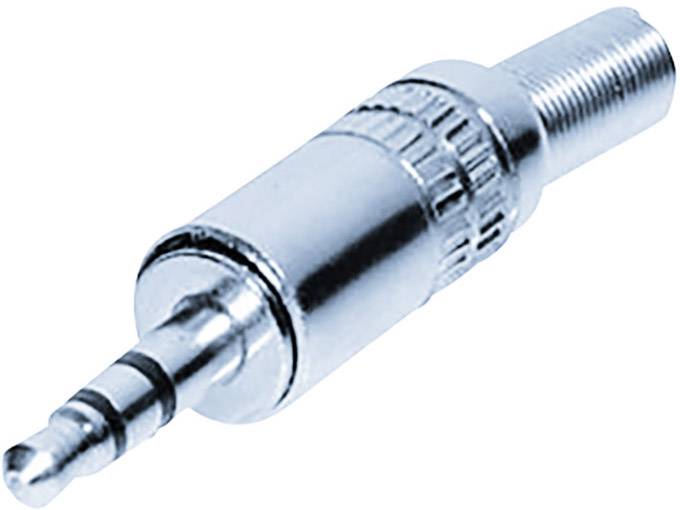 Ein silberner 3,5-mm-Stecker, oft für Kopfhörer oder Audioverbindungen verwendet, auf weißem Hintergrund dargestellt.