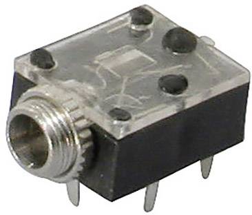 Ein rechteckiger, transparenter Adapter mit Metallstecker und vier Pins an der Unterseite, verwendet für elektronische Verbindungen.
