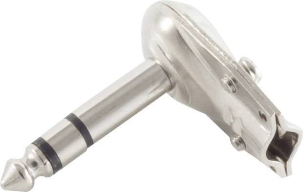 Metallener Winkelstecker mit zwei schwarzen Ringen, verwendet für Audioverbindungen. Silberne, glänzende Oberfläche.
