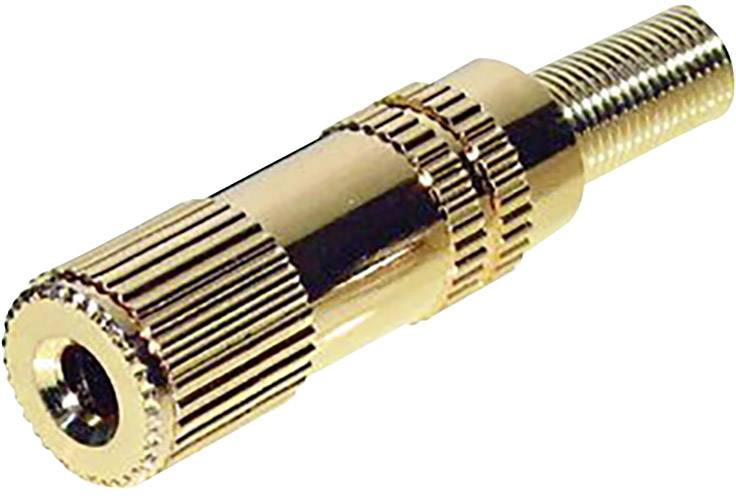Ein Metallstecker mit geriffelter Oberfläche und Gewinde, verwendet für den Anschluss elektrischer Kabel und Geräte.