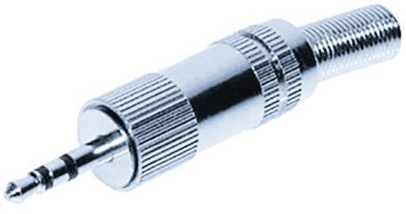 Ein silberner Audiostecker mit geriffeltem Griff und Außengewinde.
