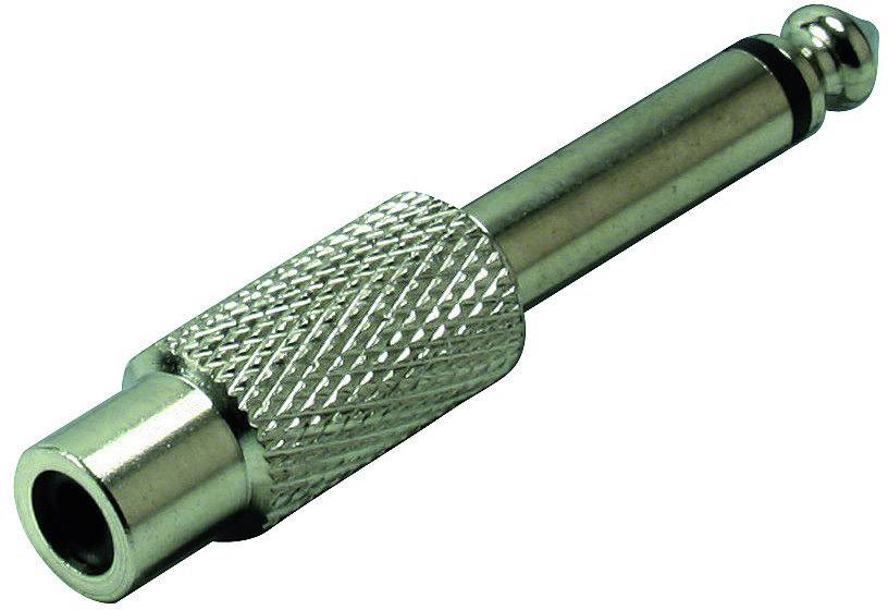 Ein Metalladapter mit einem 6,35-mm-Mono-Klinkenstecker auf eine 3,5-mm-Klinkenbuchse, häufig verwendet in Audiogeräten.