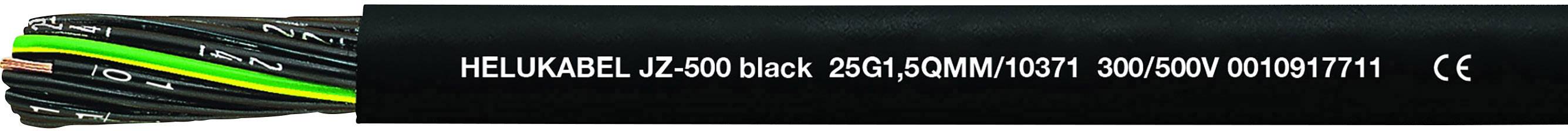 Nahaufnahme eines Helukabels mit der Beschriftung 'HELUKABEL JZ-500 black', technischen Spezifikationen und CE-Kennzeichnung.