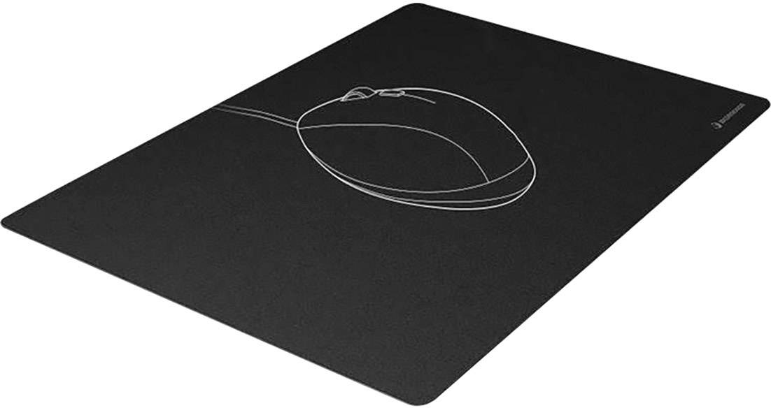 Schwarzes Mauspad mit weißer Zeichnung einer Computermaus oben drauf. Minimalistisches Design auf rechteckigem Pad.