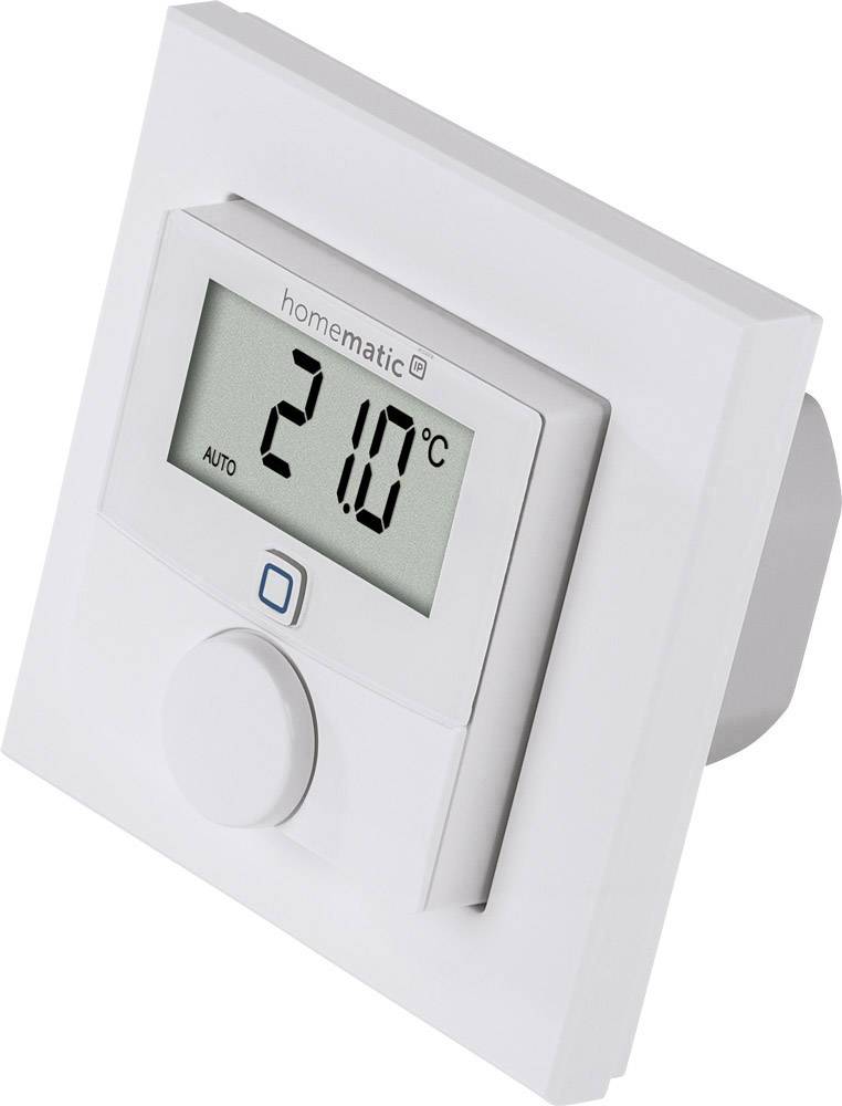 Ein digitales Raumthermostat mit einem Display, das '21,0°C Auto' anzeigt. Ein Drehknopf zur Temperatureinstellung ist darunter.