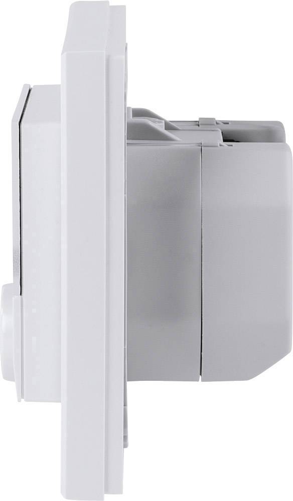Seitliche Ansicht eines grauen elektrischen Schalters. Das Gehäuse ist glatt und kastenförmig.