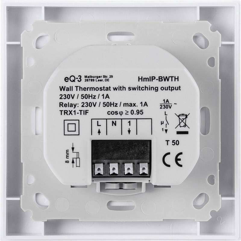 Ein Wandthermostat von eq-3 mit schaltbarem Ausgang, 230V/50Hz/1A. Anschlüsse und technische Symbole sind sichtbar.
