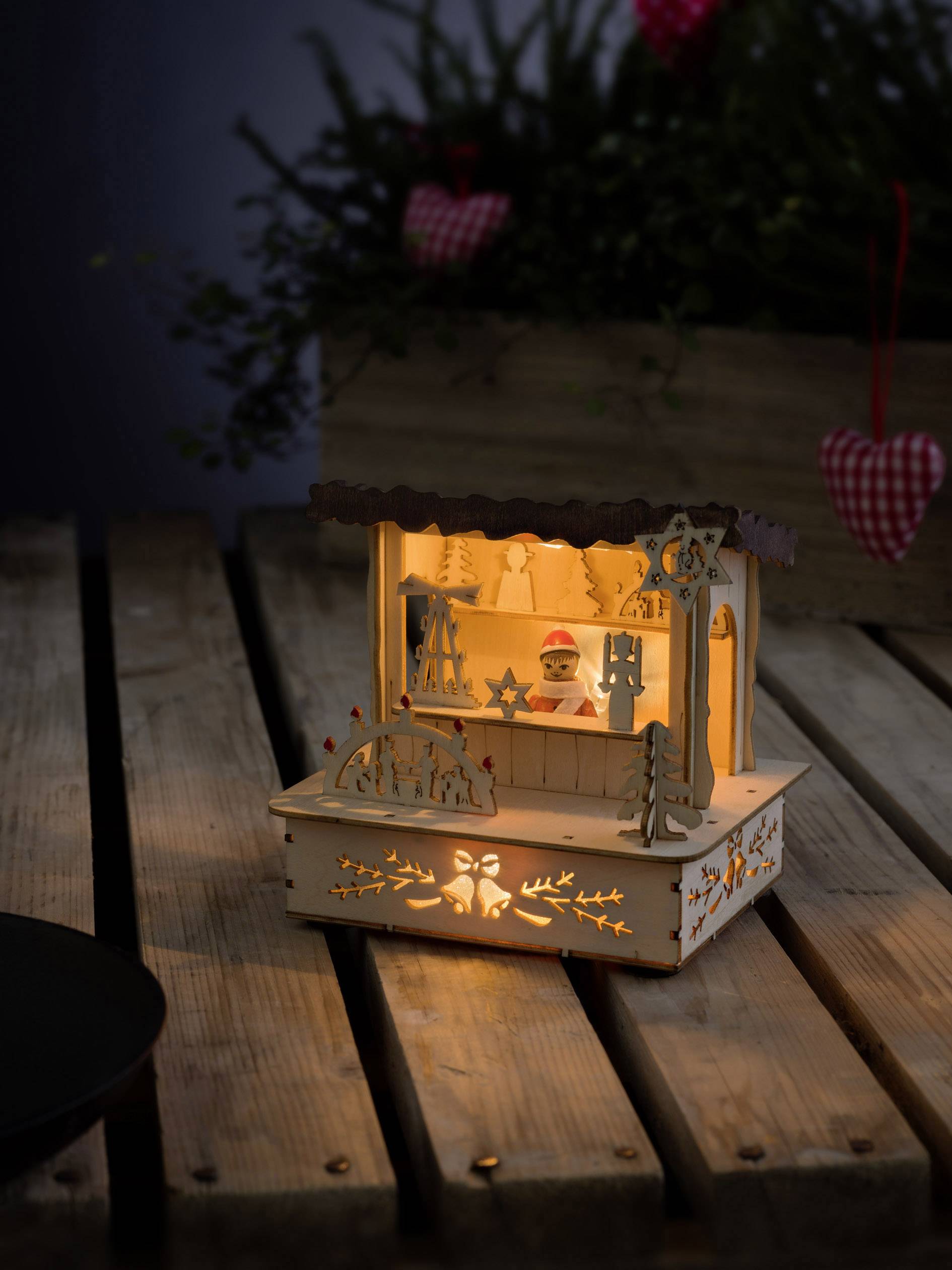 Konstsmide 2822-100 Holz-Figur Markt Warmweiß LED Natur, Braun Indirekter Lichtaustritt, mit Schalter