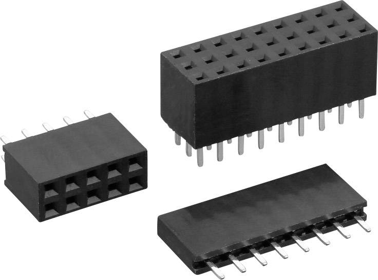 Drei schwarze elektronische Steckverbinder unterschiedlicher Größe, jeweils mit mehreren Metallpins.