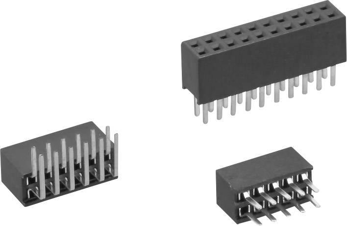 Drei Arten von elektrischen Steckverbindern mit Metallstiften und Kunststoffgehäusen, in unterschiedlichen Größen und Anordnungen.