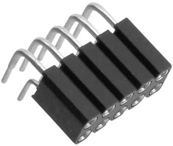 Ein schwarzer, rechteckiger elektronischer Steckverbinder mit mehreren Metallstiften, die geneigt sind.
