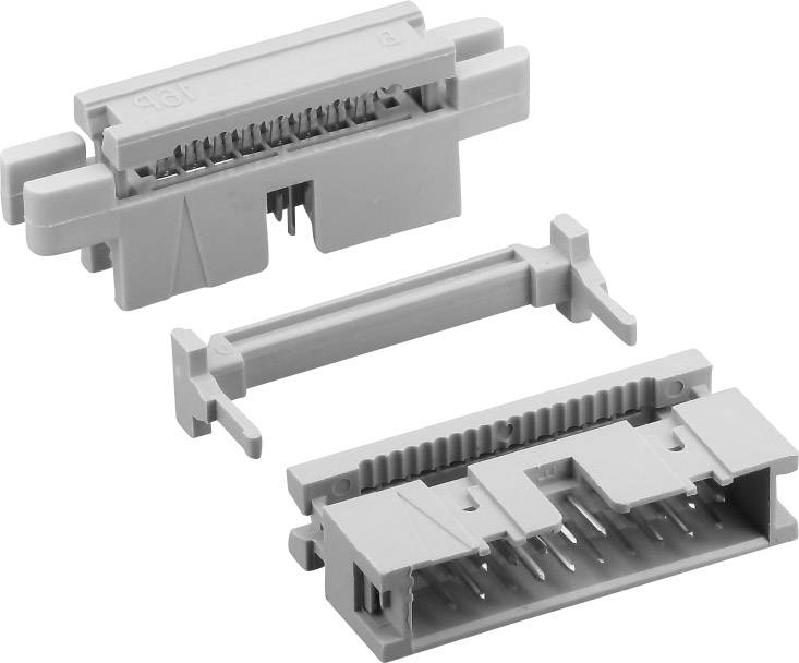 Drei graue Kunststoffverbinder in verschiedenen Positionen gezeigt, mit Pins und Öffnungen, die für elektronische Baugruppen verwendet werden.