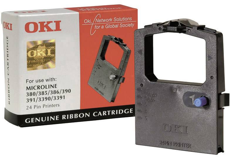 Eine Oki Farbbandkassette mit Verpackung. Geeignet für MICRONLINE Drucker 380/385/386/390, 391/3390/3391. 24 Pin Drucker.