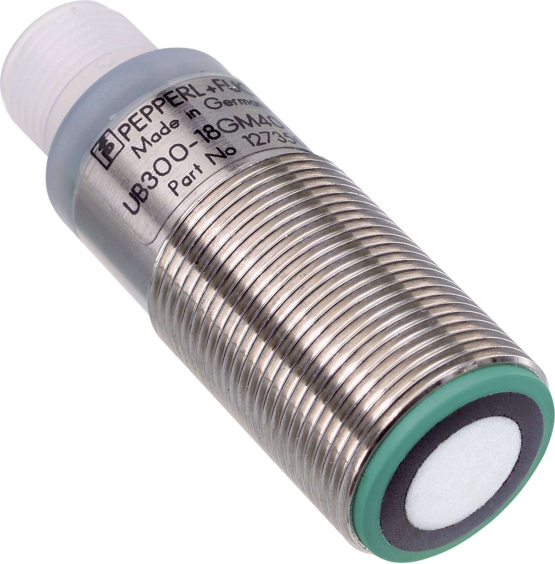 Zylindrischer Metall-Drucksensor der Marke Pepperl+Fuchs mit Aufschrift 'Made in Germany'.