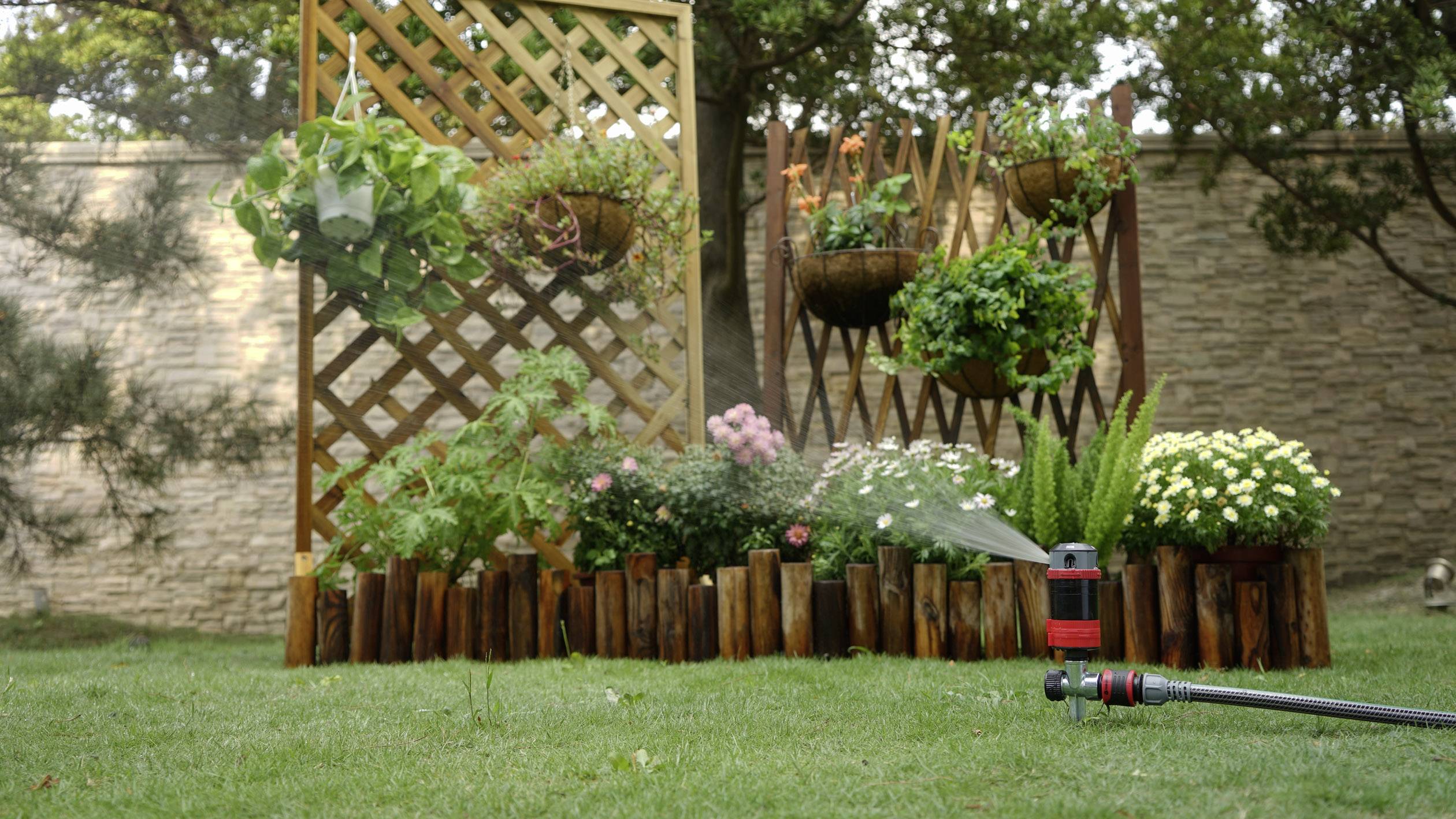 Ein üppiger Garten mit Blumen vor einem Holzgitter, daneben ein laufender Rasensprenger auf grünem Gras.