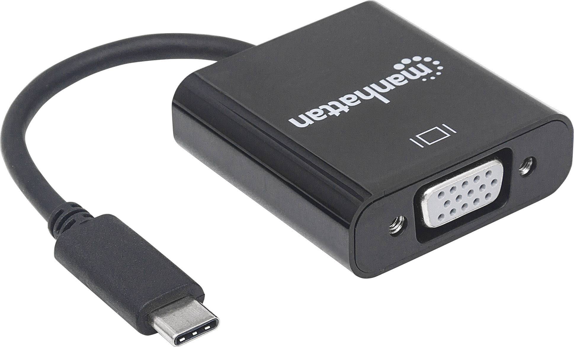 Schwarzer USB-C-zu-VGA-Adapter mit Manhattan-Logo, ermöglicht Verbindung von USB-C-Geräten zu VGA-Displays.