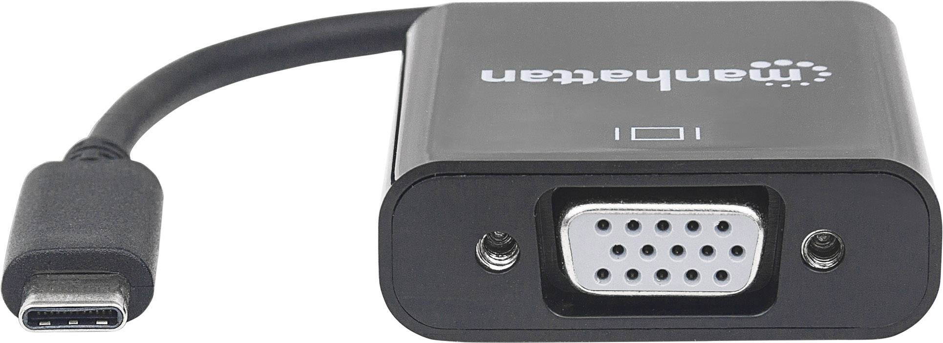 Adapter mit USB-C-Anschluss links und VGA-Ausgang rechts. Markennamen oben sichtbar. Verbindet moderne Geräte mit älteren Monitoren.