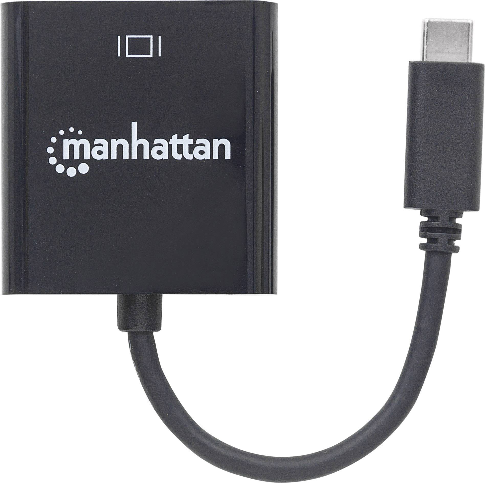 Ein schwarzer Adapter mit dem Aufdruck 'manhattan' konvertiert HDMI zu USB-C.
