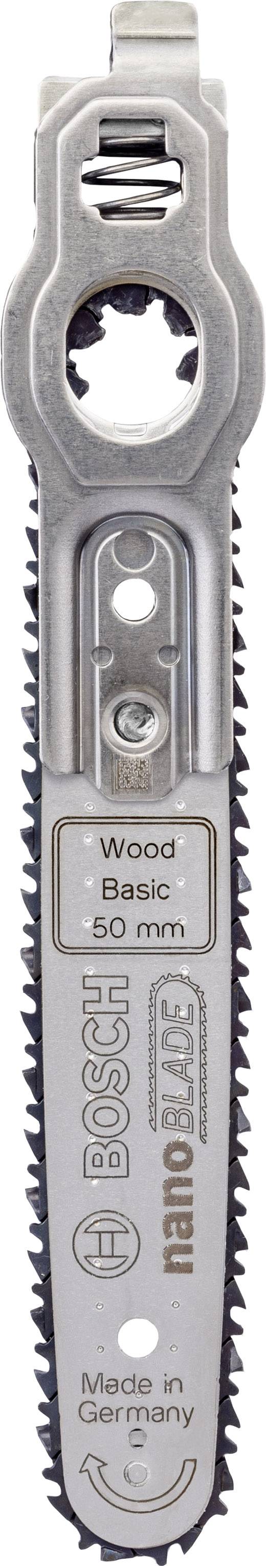 Sägeblatt für oszillierende Werkzeuge, 50 mm, 'Wood Basic', Marke Bosch, Made in Germany, Metallgrau, mit gezahnten Kanten.