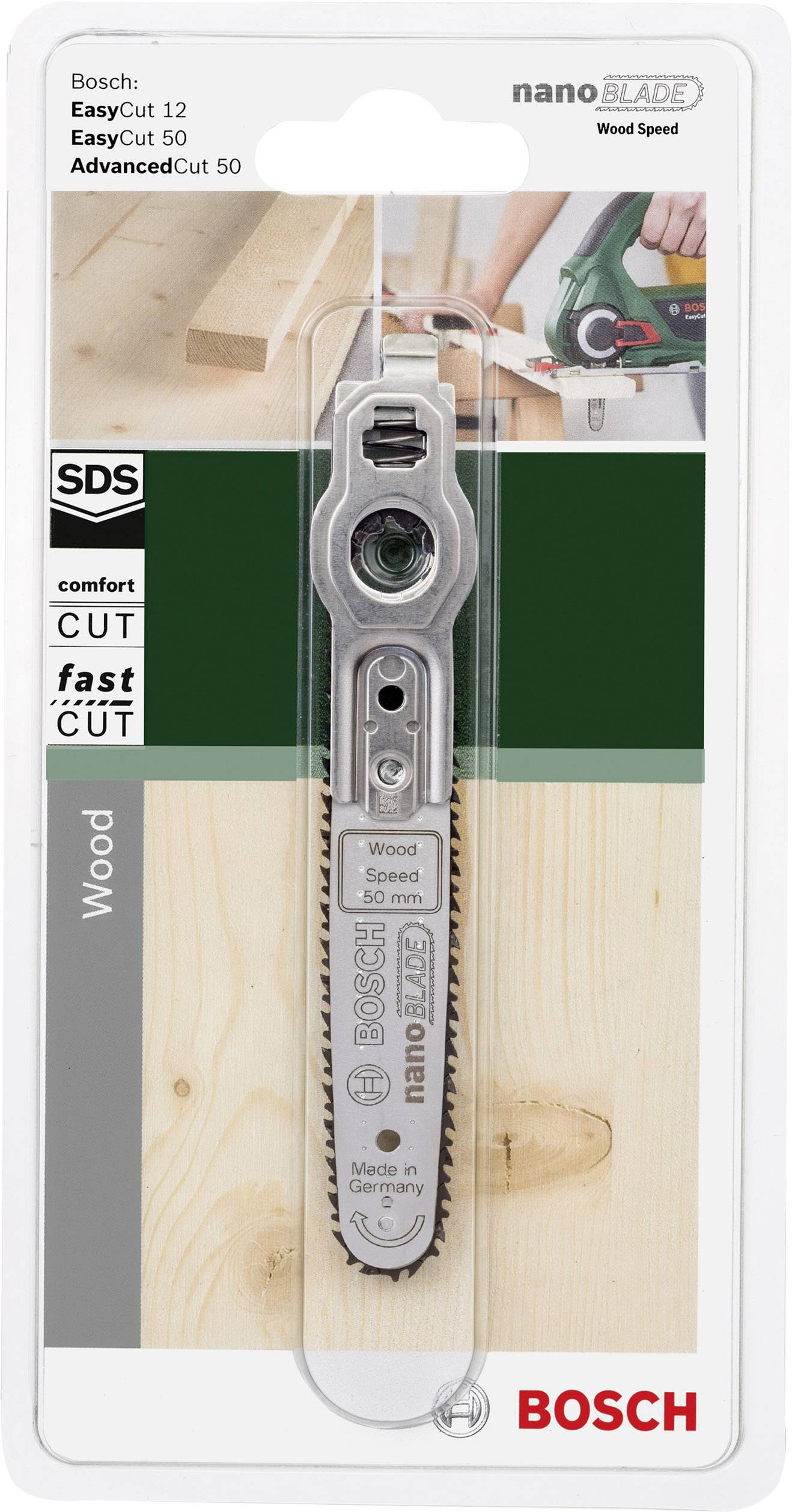 Verpackung eines Bosch Sägeblatts 'nanoBLADE Wood Speed'. Empfohlen für EasyCut und AdvancedCut Modelle. Abgebildet auf grünem Hintergrund.