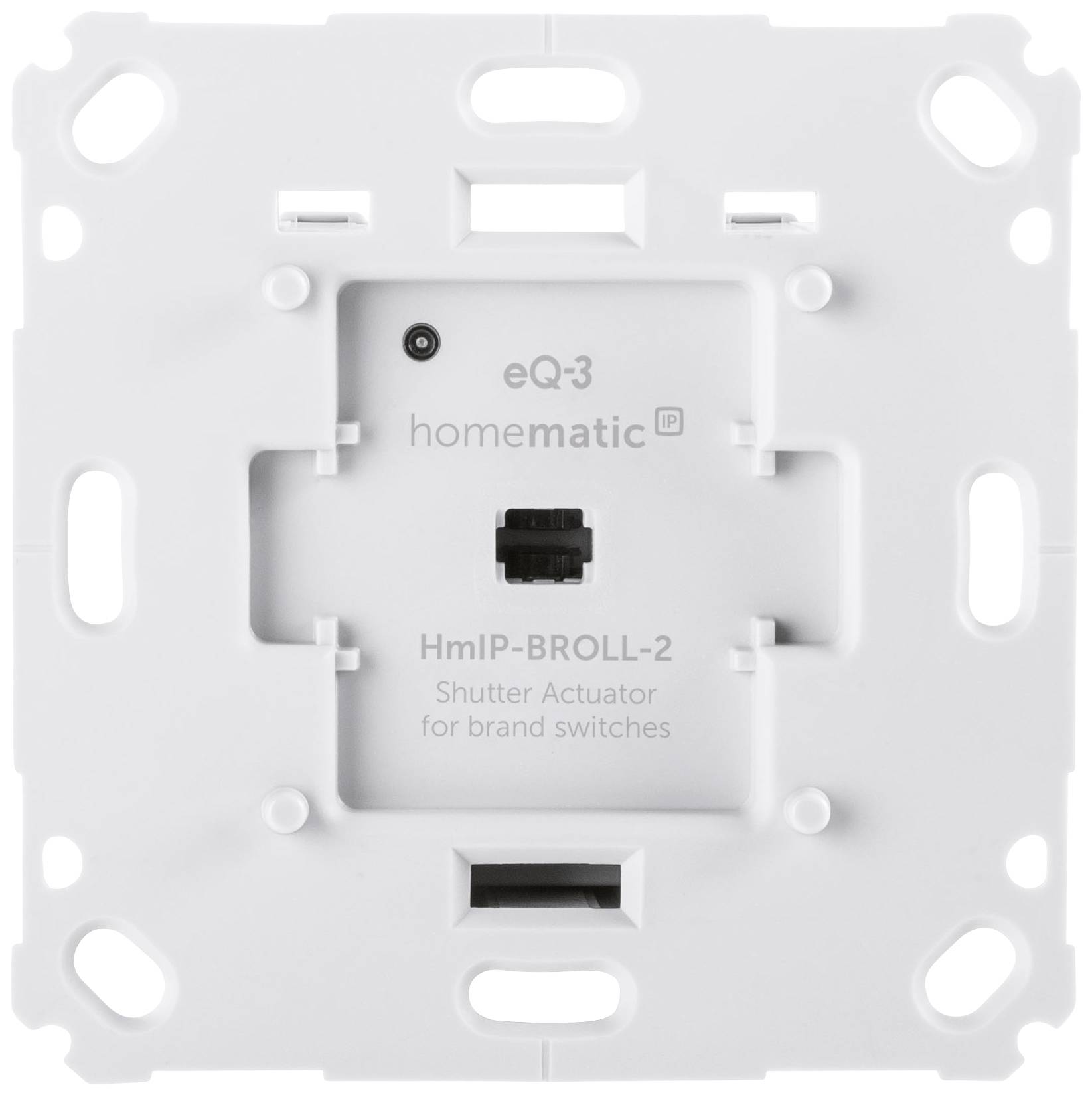 Ein weißer Unterputz-Rollladenaktor von Homematic IP, Modell HmIP-BROLL-2, für Markenschalter geeignet, mit Montageschlitzen.