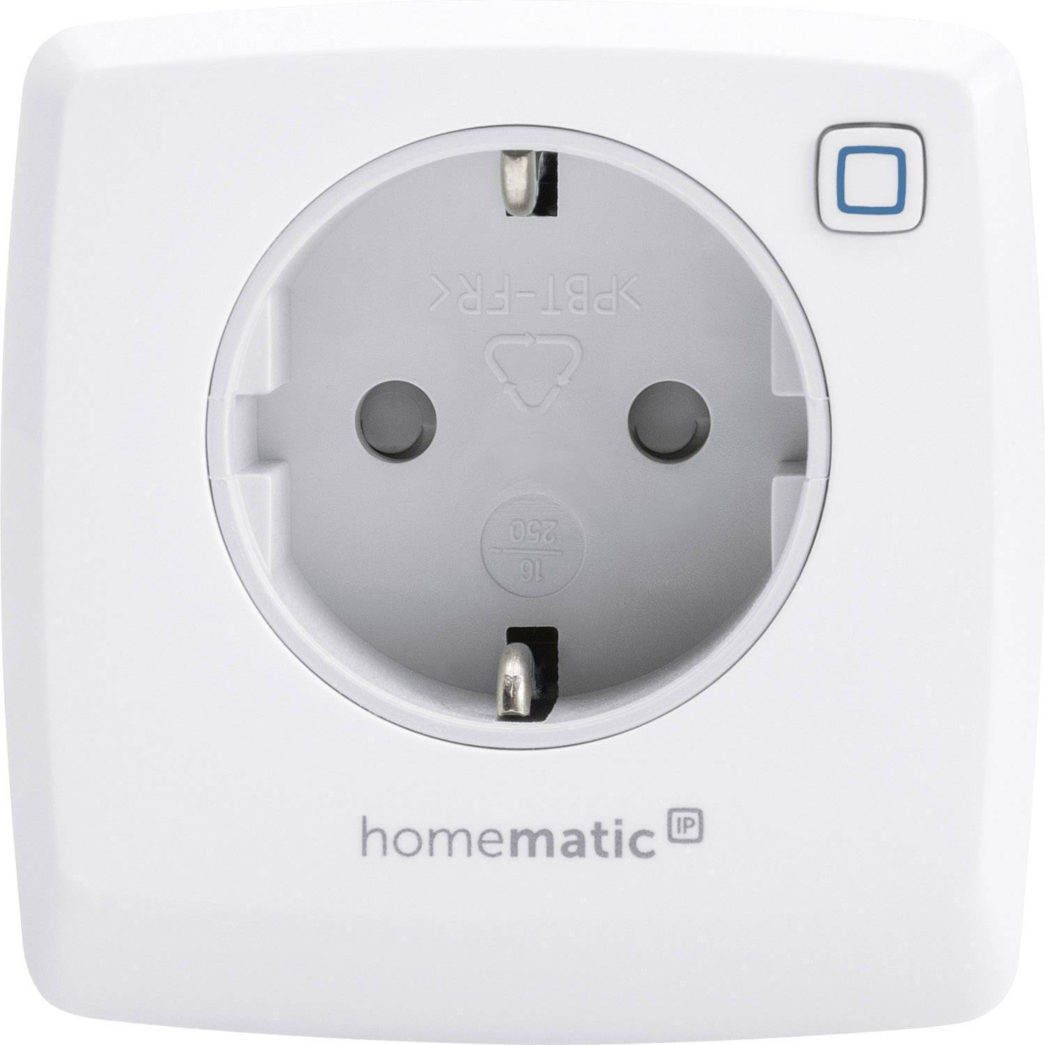 Eine weiße Homematic IP Steckdose mit Schalter oben rechts, geeignet für Smart-Home-Anwendungen.