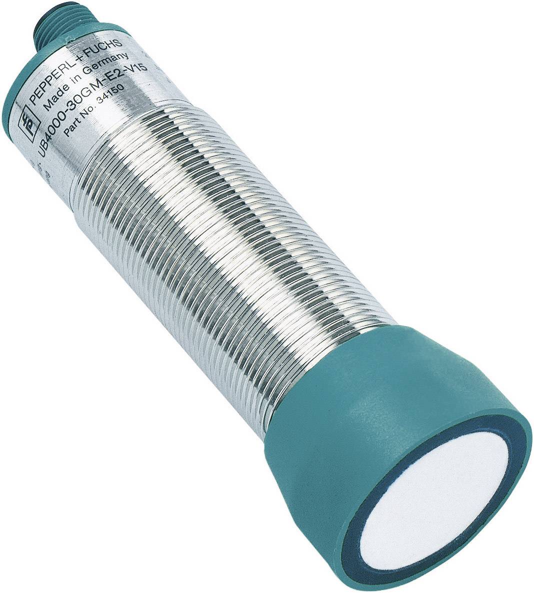 Zylindrischer Sensor mit Metallgewindegehäuse und grünem Kunststoffende, mit Herstellerinformationen aufgedruckt.