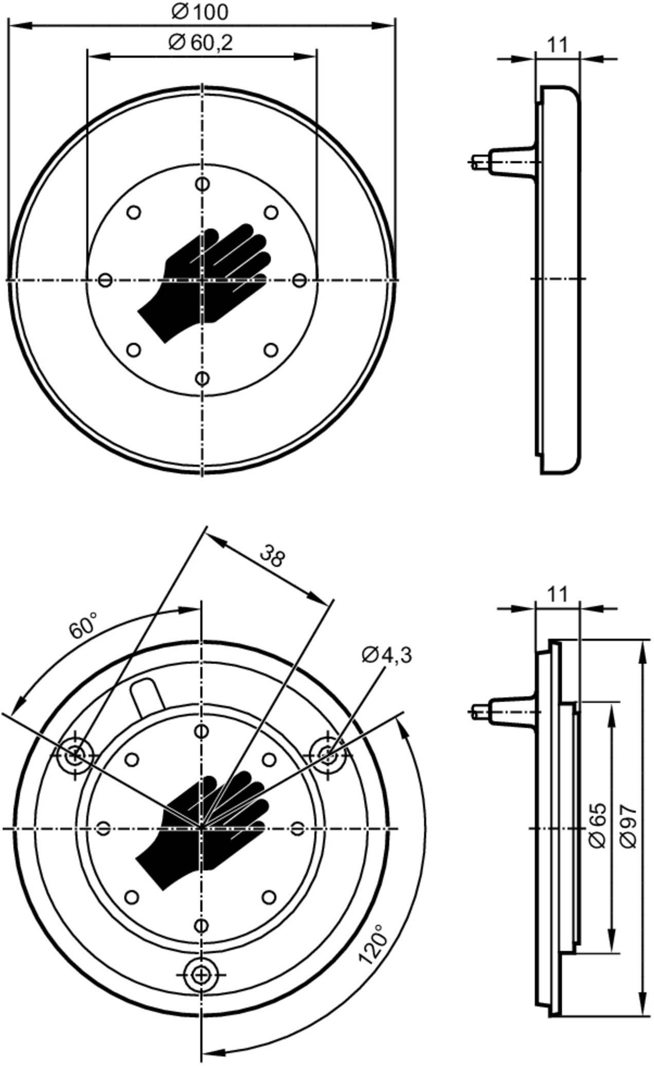 Technische Zeichnung eines runden Geräts mit Handgrafik in der Mitte, zeigt Vorder- und Seitenansicht, inklusive Maße und Bohrlöcher.