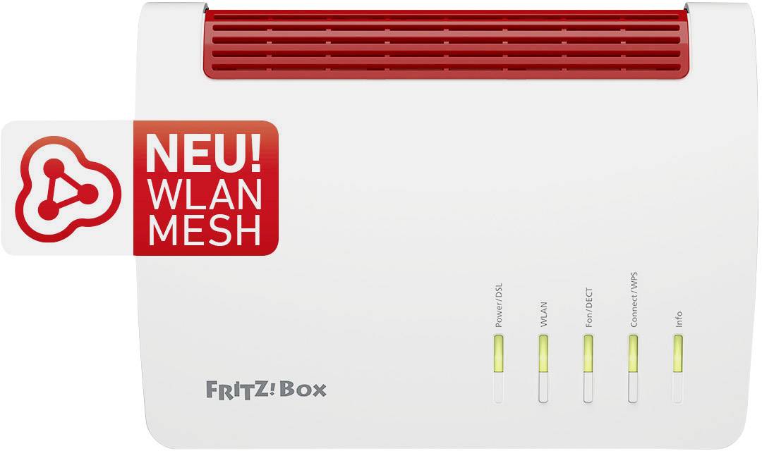 Ein WLAN-Router der Marke FRITZ!Box mit roter Oberseite und vier leuchtenden Kontrollanzeigen. Text auf Etikett: 'NEU! WLAN MESH'.