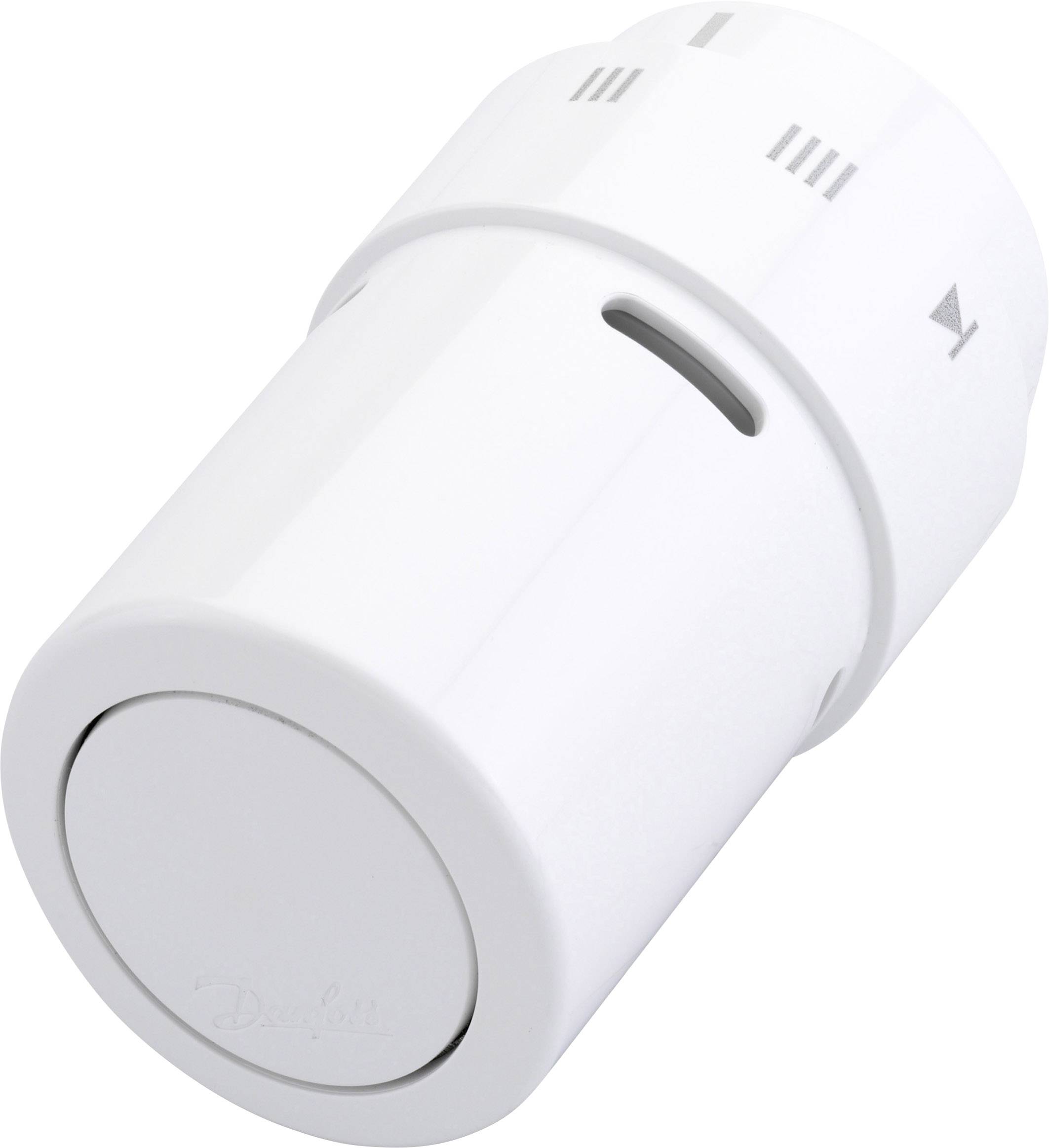 Ein weißes Heizkörperthermostat mit Skala zur Temperatureinstellung. Es zeigt ein modernes, schlichtes Design.