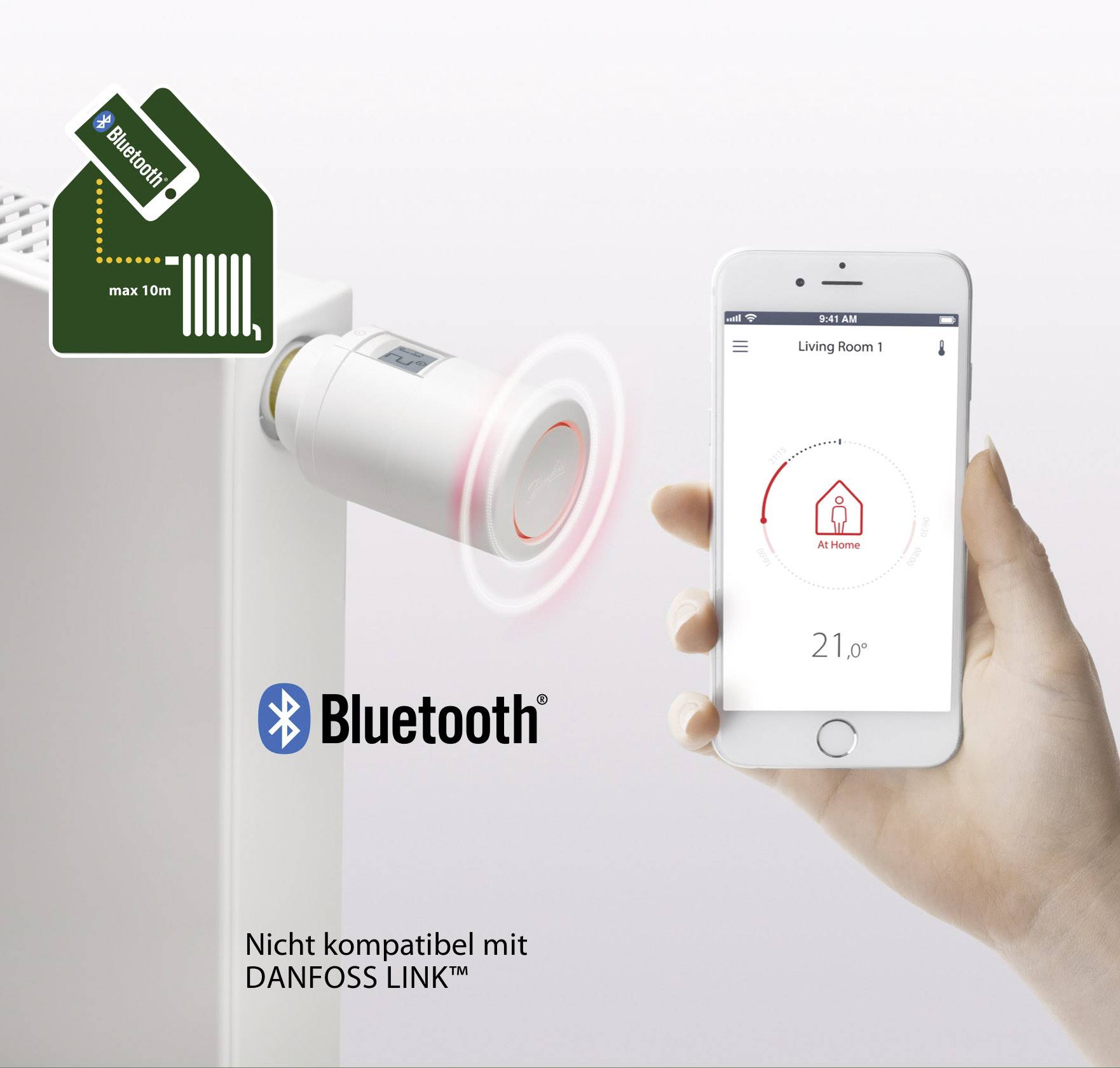 Smartphone zeigt App mit Raumtemperatur von 21°C; daneben Bluetooth-Heizungsregler mit Reichweite von 10m. 'Nicht kompatibel mit DANFOSS LINK™'.