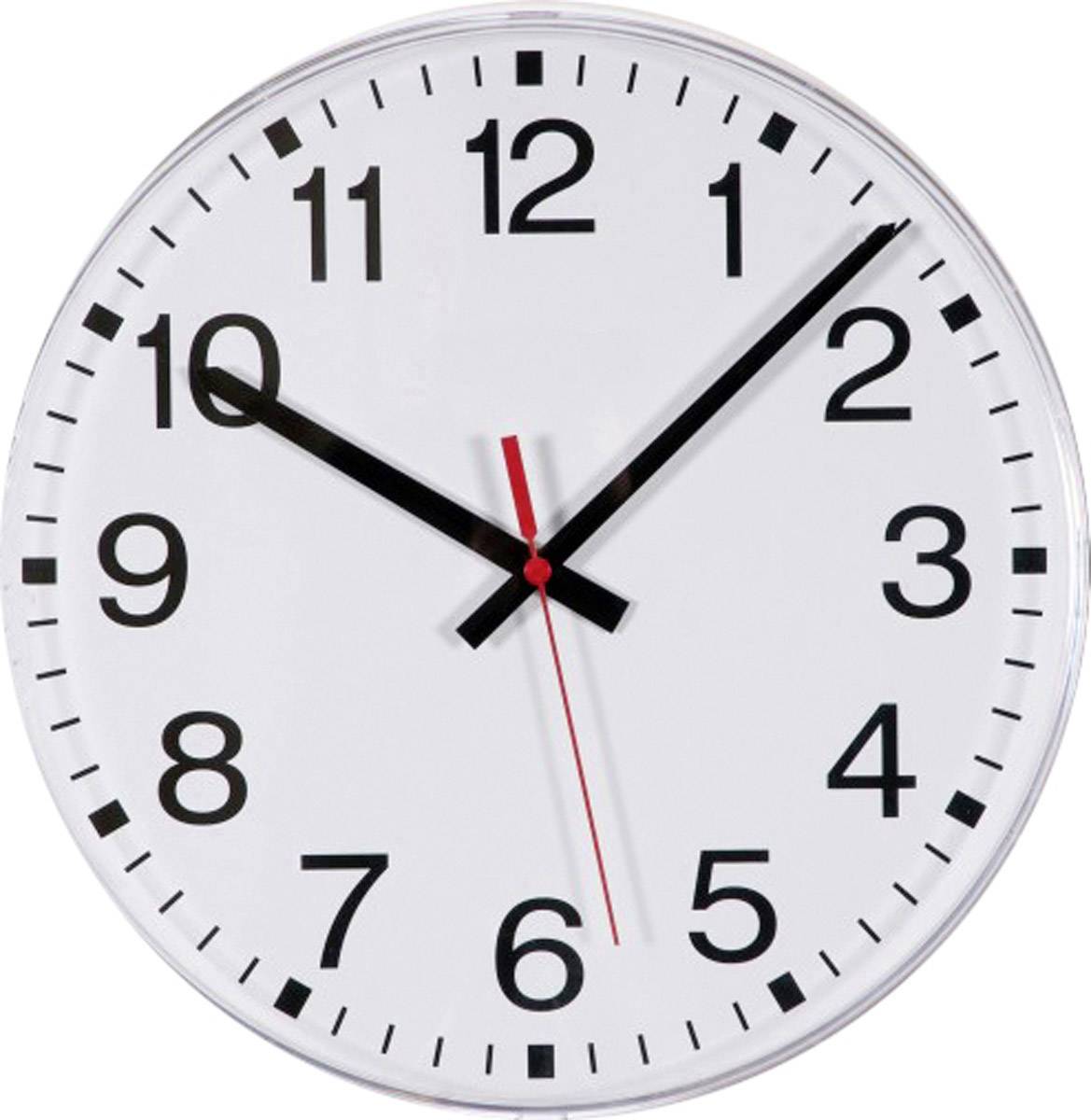 Analoge Wanduhr zeigt 10:10 Uhr. Weiße Ziffernblätter mit schwarzen Zahlen und Zeigern, roter Sekundenzeiger.