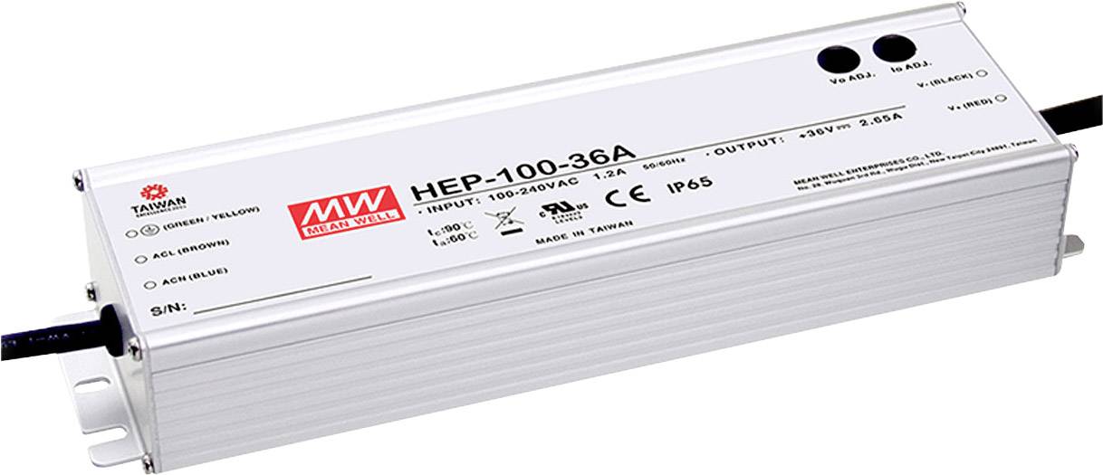 Aluminiumgehäuse von MEAN WELL HEP-100-36A Schaltnetzteil, Eingang 100-305V AC, Ausgang 36V 2.8A, IP65, robuste Bauweise für industrielle Anwendungen.