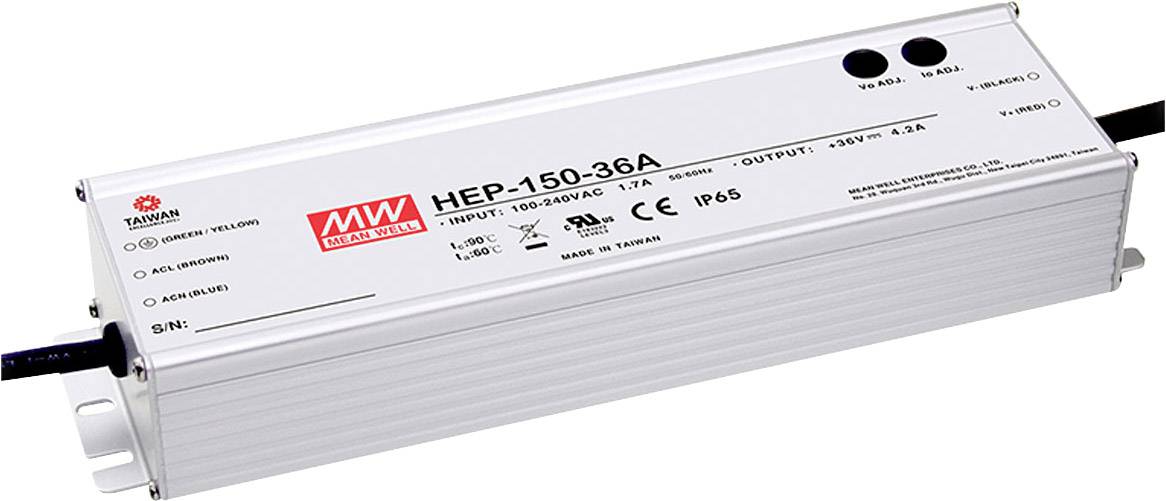 Ein silbernes Netzteil der Marke 'MW Mean Well' mit Modellnummer HEP-150-36A. Geeignet für 100-240V Eingang und 4,2A Ausgang. IP65 klassifiziert.