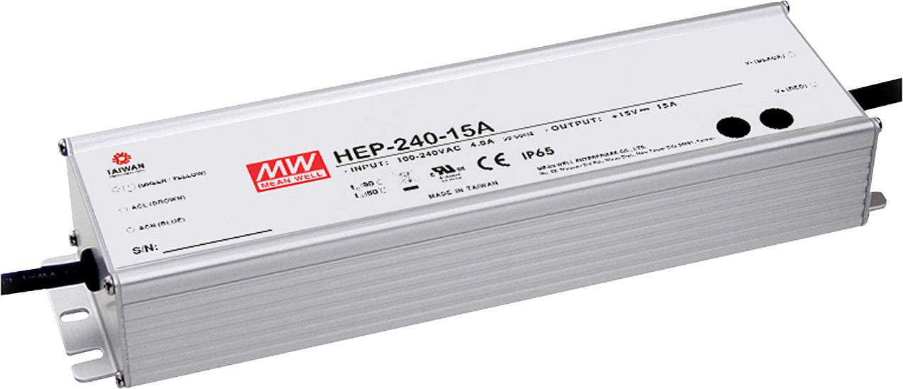 Ein silbernes, rechteckiges LED-Netzteil mit der Aufschrift 'HEP-240-15A' auf der Oberseite, geeignet für Außenbereich, IP65.