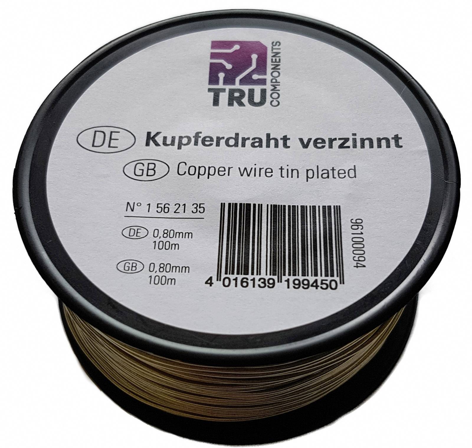 Rolle aus einem Metalllegierung mit der Aufschrift 'Kupferdraht verzinnt'. Beschriftung in Deutsch und Englisch.
