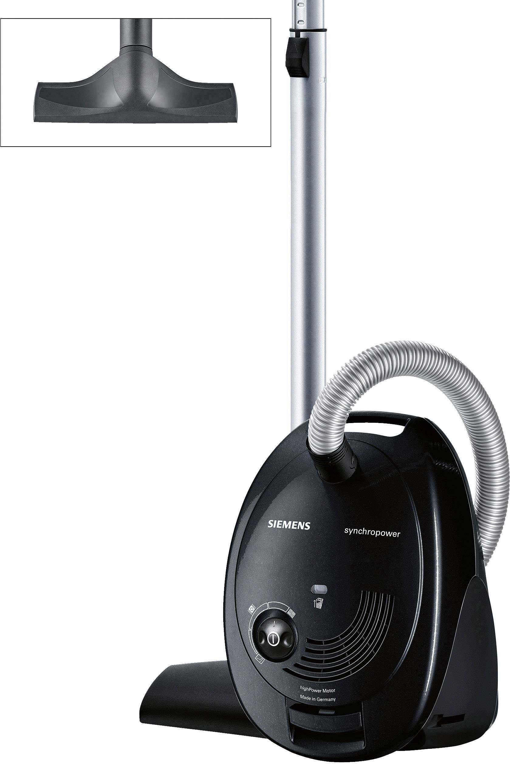 Ein schwarzer Siemens Synchropower Staubsauger mit Verlängerungsrohr und rechteckiger Bodendüse.