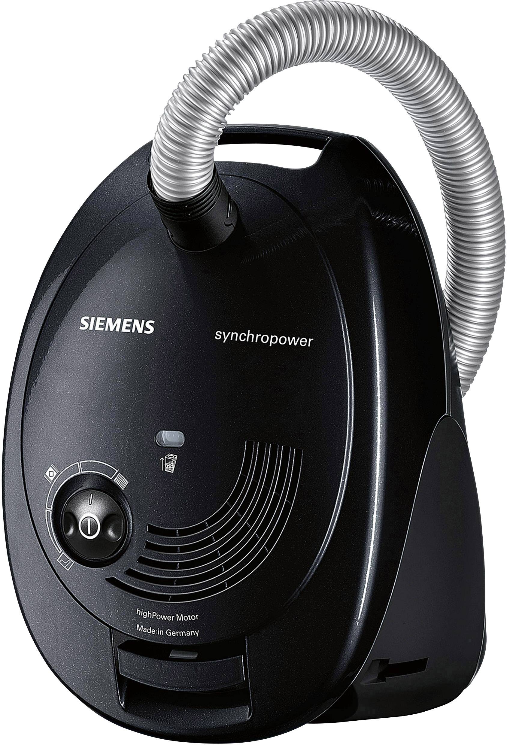Schwarzer Siemens-Staubsauger mit silbernem Schlauch und Bedienknopf auf der Vorderseite. Modellname 