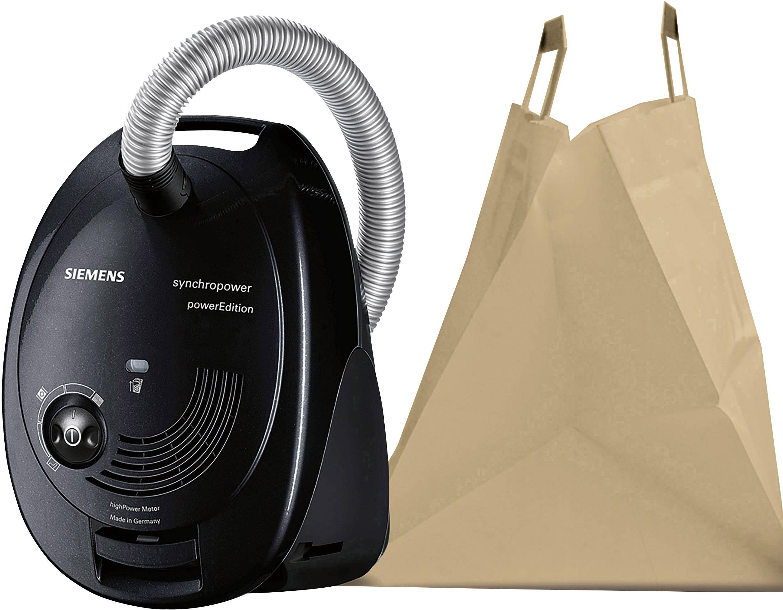 Ein schwarzer Siemens-Staubsauger mit Schlauch steht neben einer großen braunen Papiertüte. Der Staubsauger zeigt das Modell 'synchropower'.
