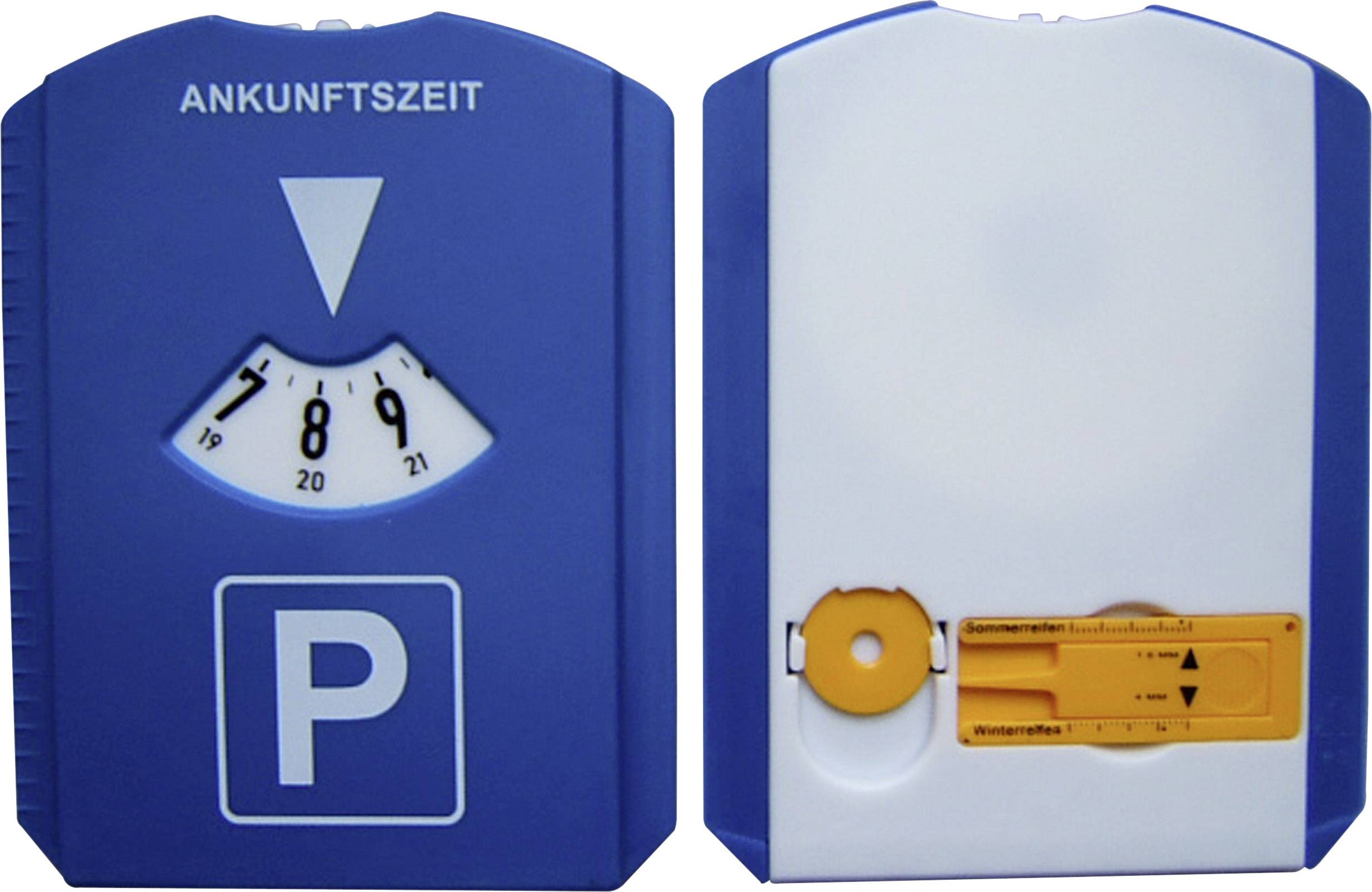 Parkscheibe mit blauer Vorderseite zeigt 'Ankunftszeit' und eine Uhr von 7-9. Rückseite enthält orangefarbene Einstellungsskala.