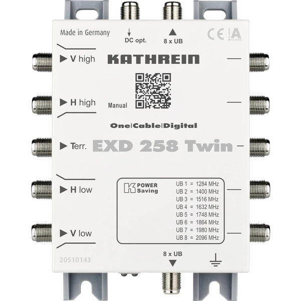 Kathrein EXD 258 Twin SAT Multischalter Kaskade Unicable Eingänge (Multischalter): 5 (4 SAT/1 terrestrisch) Teilnehmer-Anzahl: 16 Kathrein EXD 258 Twin SAT Multischalter Kaskade Unicable Eingänge (Multischalter): 5 (4 SAT/1 terrestrisch) Teilnehmer-Anzahl: 16