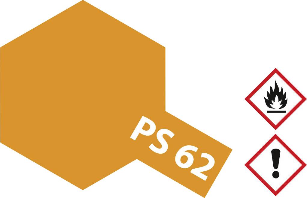 Ein orangefarbenes Sechseck mit der Aufschrift 'PS 62'. Daneben sind zwei Gefahrensymbole: Flamme für Entzündbarkeit und Ausrufezeichen für Warnung.