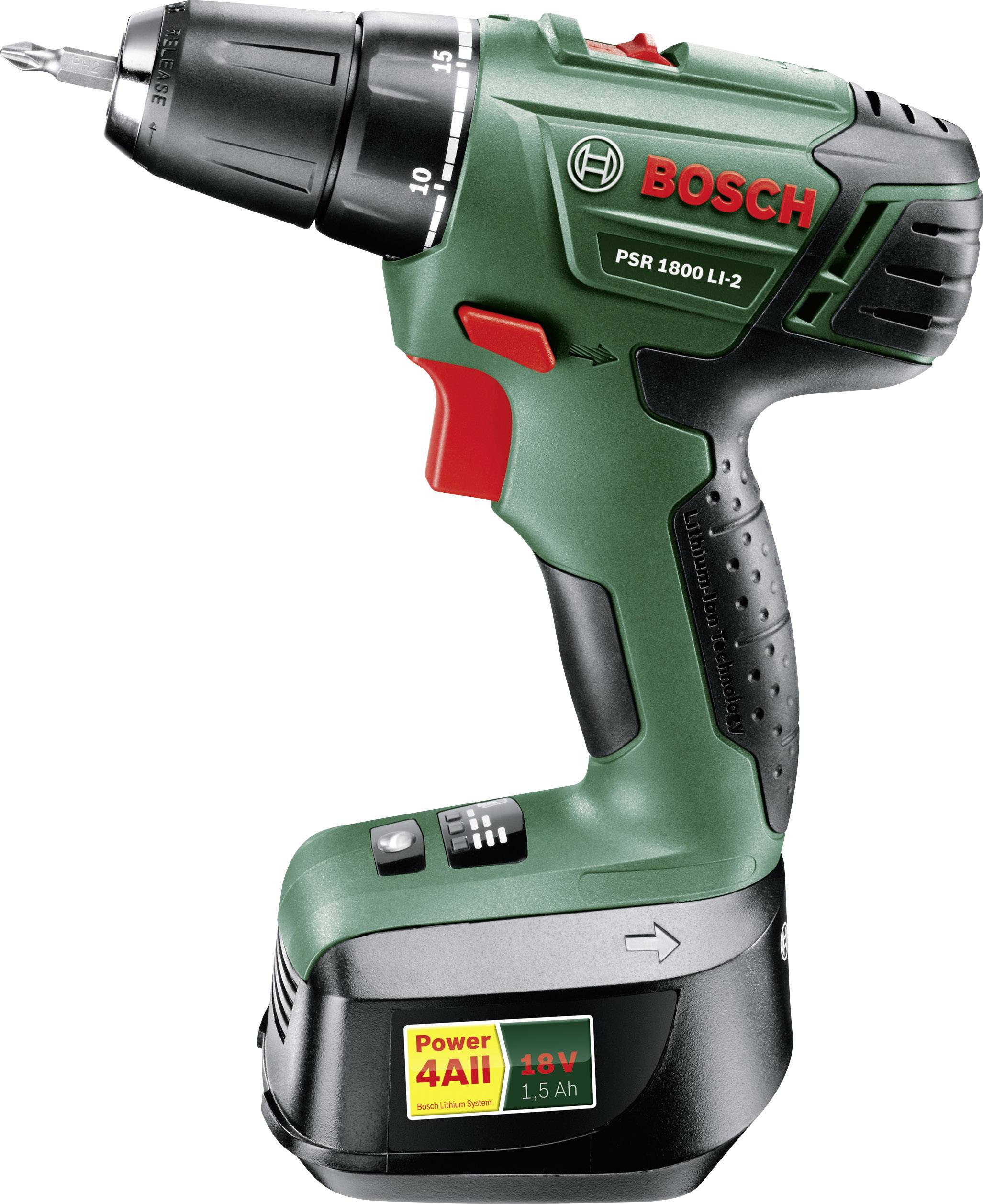 Bosch Home and Garden PSR 1800 LI-2 Akku-Bohrschrauber 18V 1.5Ah Li-Ion inkl. 3. Akku, inkl. Koffer