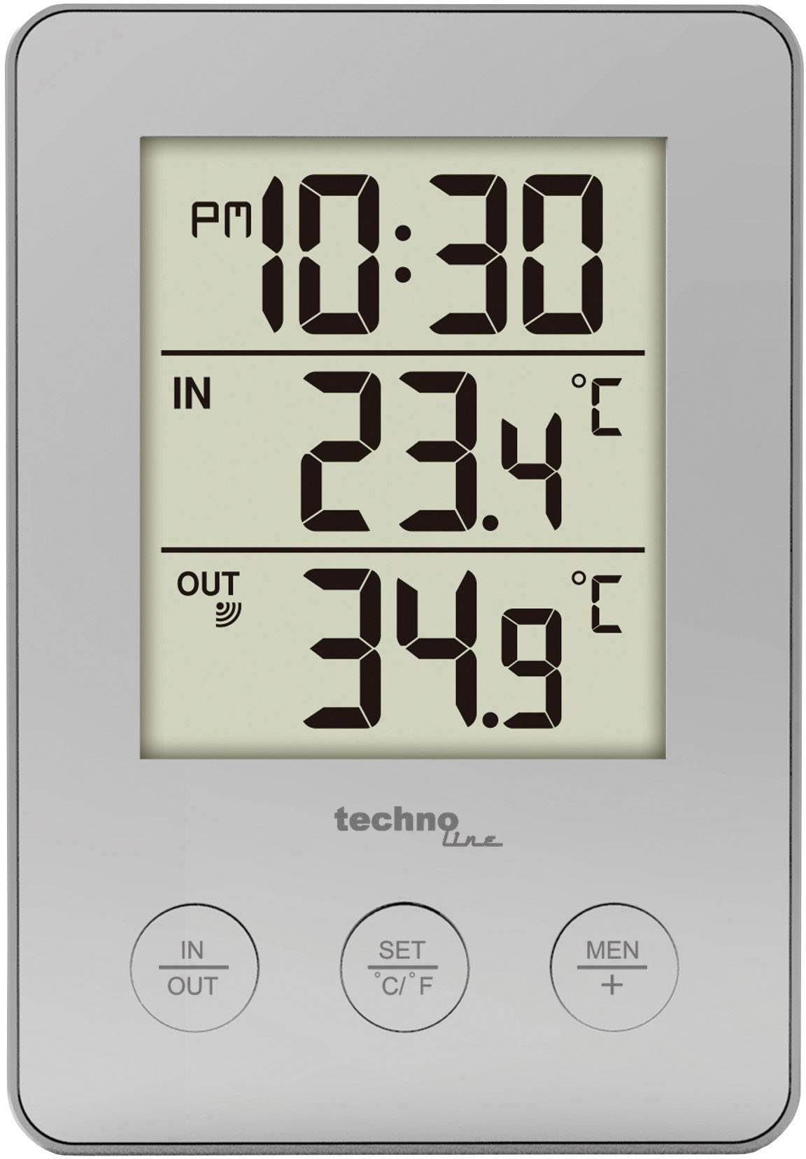 Digitales Thermometer mit Uhrzeit '10:30 PM', Innen- und Außentemperatur '23,4°C' und '34,9°C'. Tasten: 'IN/OUT', 'SET °C/°F', 'MEN'.