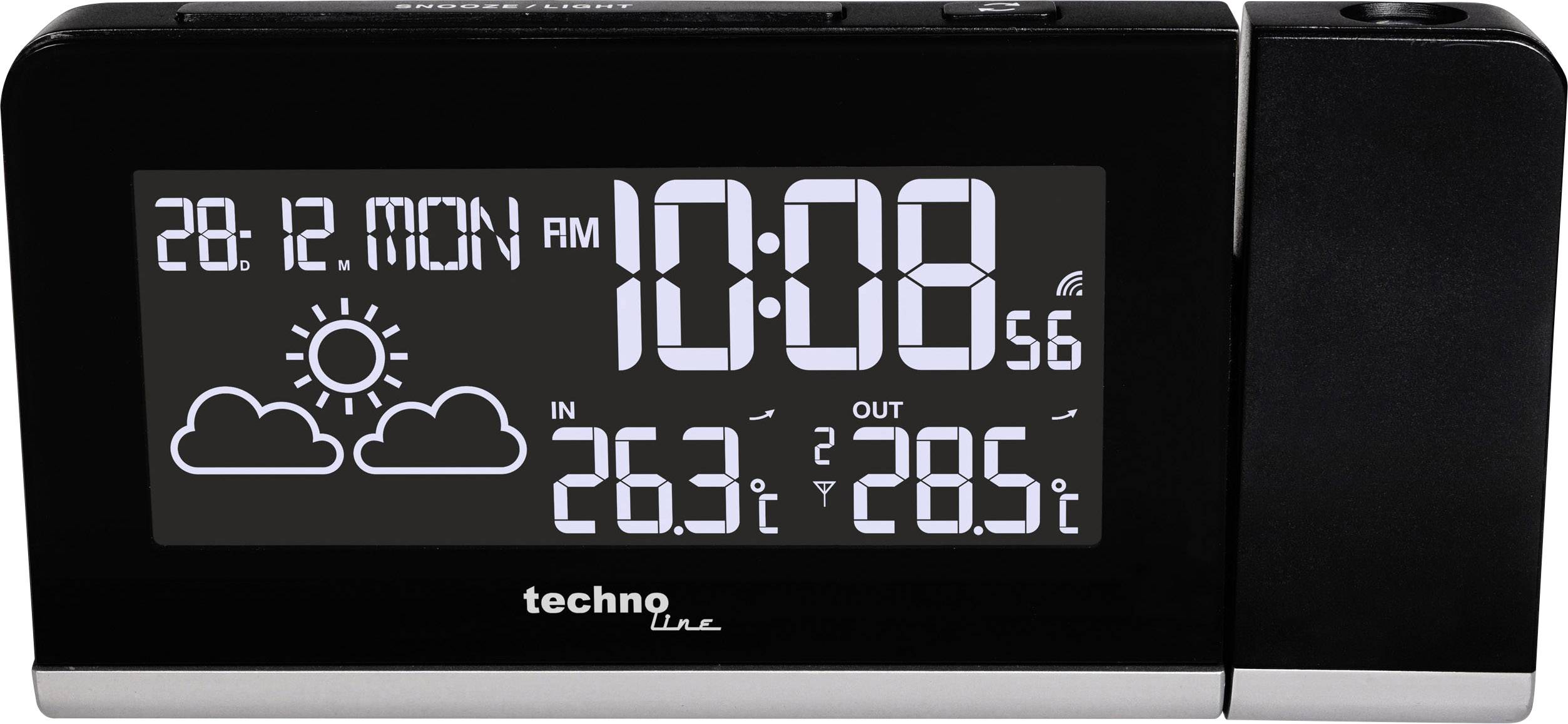 Digitaler Wecker mit Datum '28.12. MON', Zeit '10:08', Innentemperatur '26,3°C', Außentemperatur '28,5°C' und Wettersymbole.