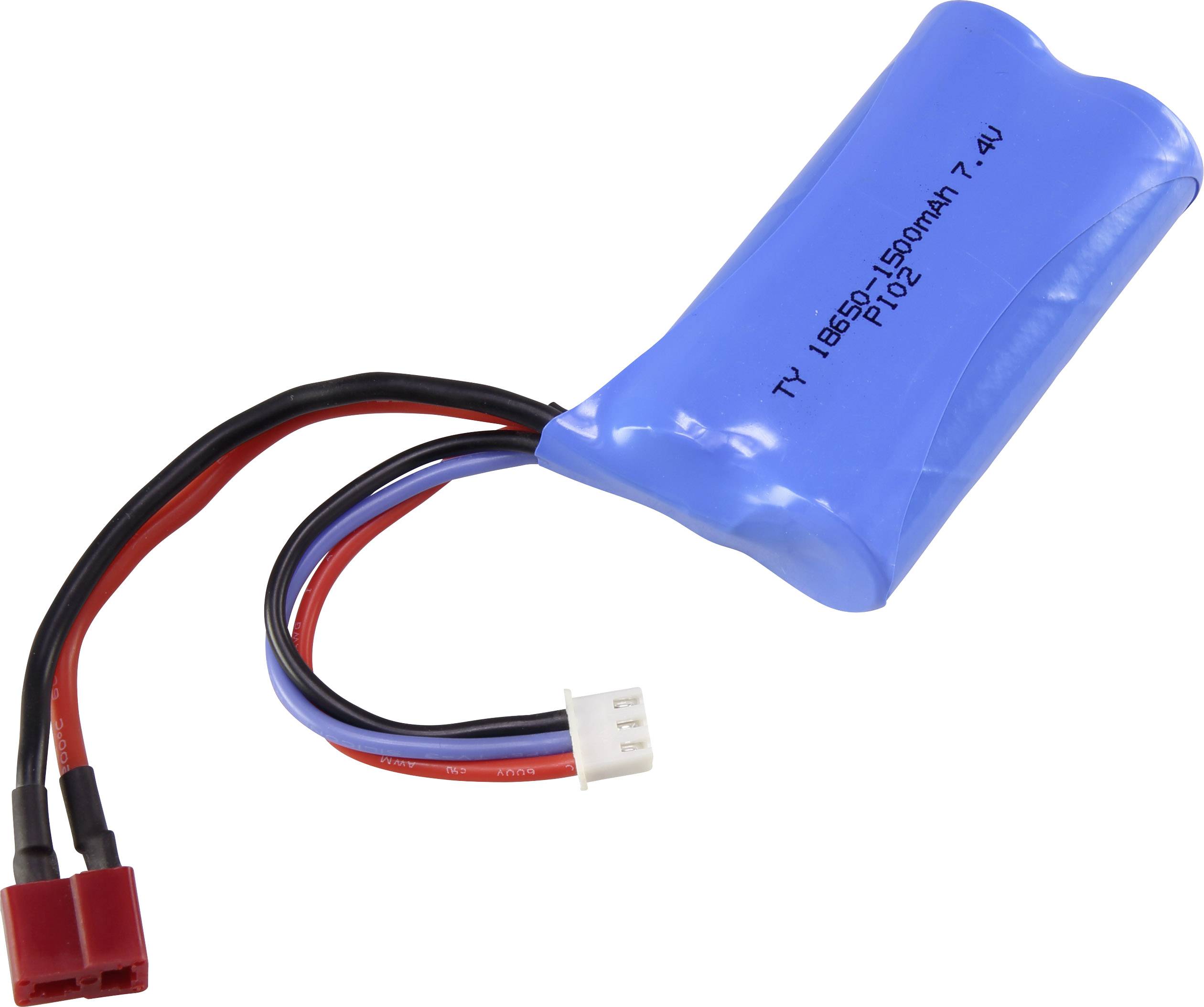 Blauer Akku mit roten und schwarzen Kabeln und einem weißen Anschluss. Beschriftung: 'TY 1865-1 1500mAh 7.4V PB22'.
