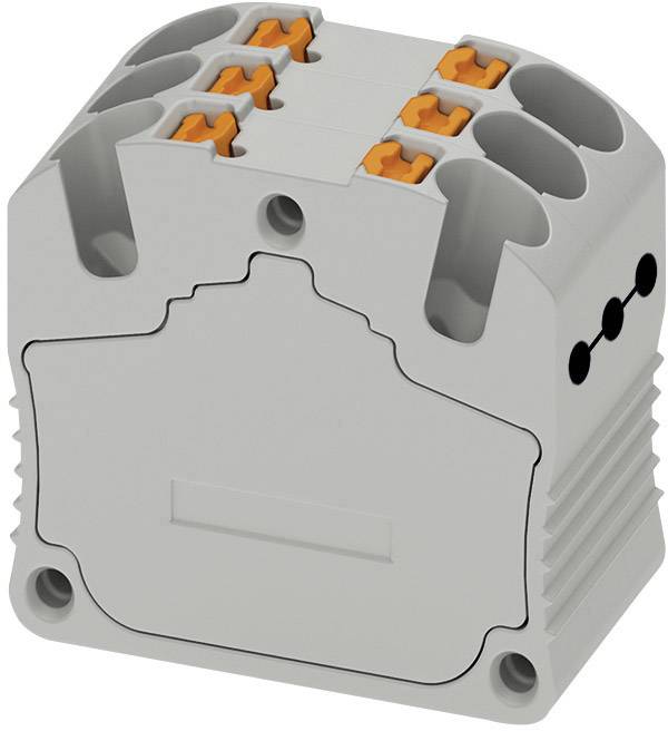 Ein grauer elektrischer Steckverbinder mit mehreren orangefarbenen Anschlüssen, geeignet für die Verbindung mehrerer Kabel.