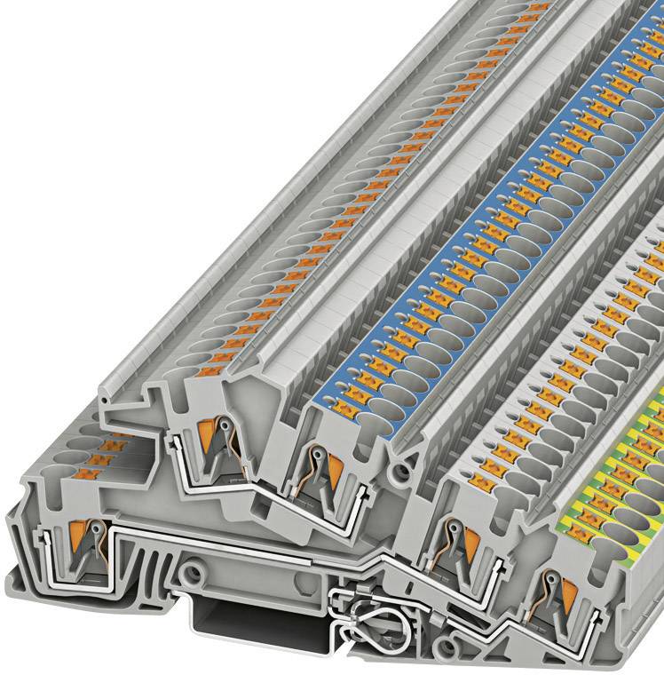Ein Stapel von elektrischen Klemmen in verschiedenen Farben, die zur Leiterverbindung und Stromverteilung in elektrischen Schaltschränken verwendet werden.